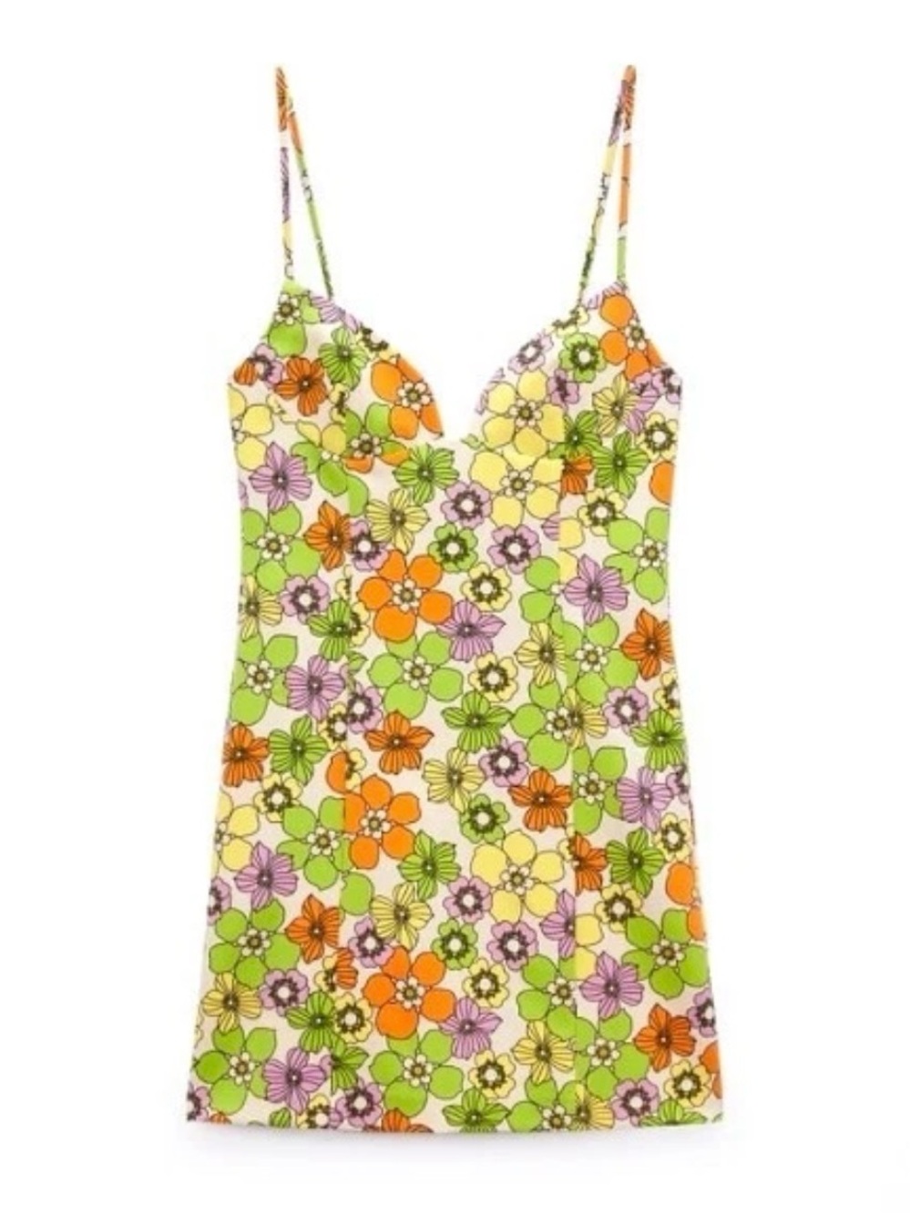 Zara Retro 70s Floral Mini Dress Sweetheart Neck Mod Boho Chic Vibrant